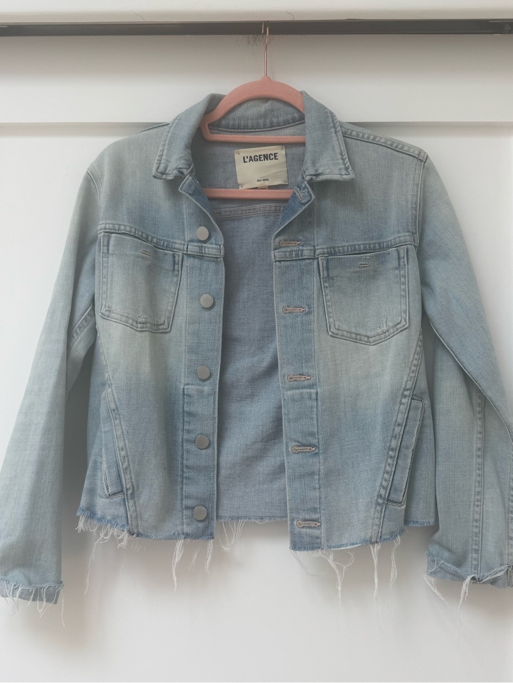 L'AGENCE Faded Light Blue Cropped Denim Jacket